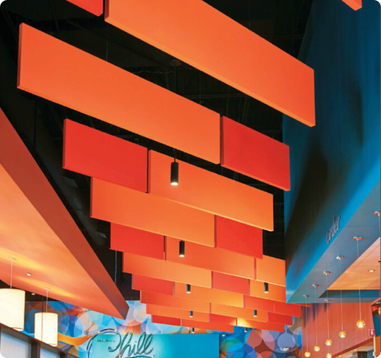 High performance suspended acoustic panels that allow natural light